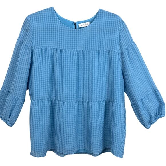 Calvin Klein Tiered Baby Doll Blouse Slate Blue Size XL Boho Relaxed Fall Style - Picture 1 of 8